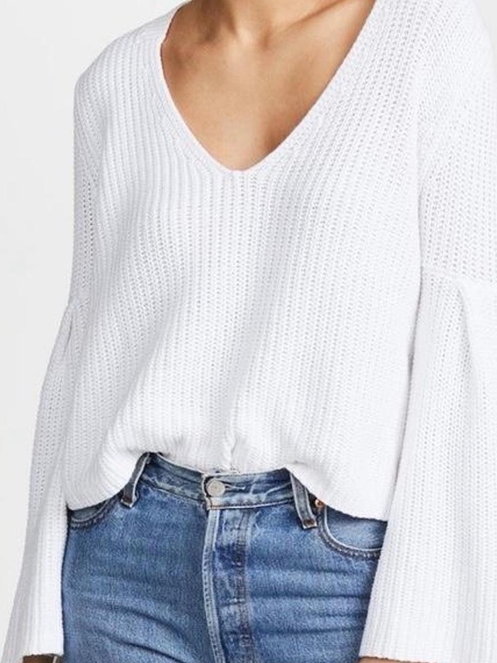 Free People White V-Neck Bell Sleeve Sweater